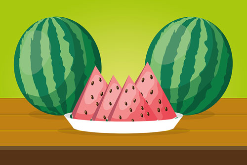 وکتور هندوانه یلدا شامل هندوانه های کامل و ظرف هندوانه قاچ شده